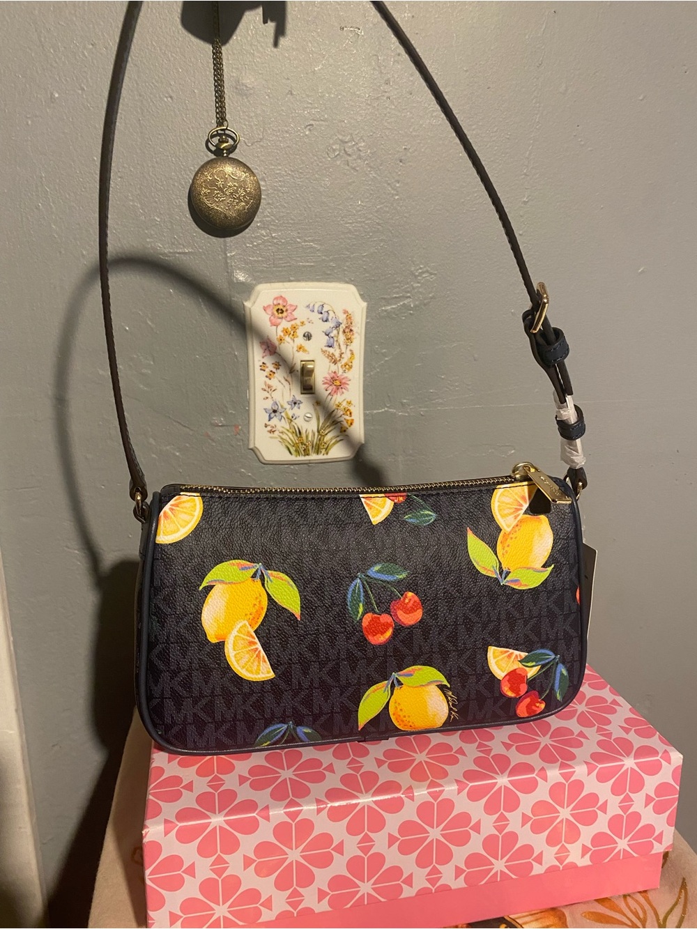 Michael Kors Navy Logo Canvas Citrus Lemon & Cherries purse with Gold Hardware - Picture 3 of 6